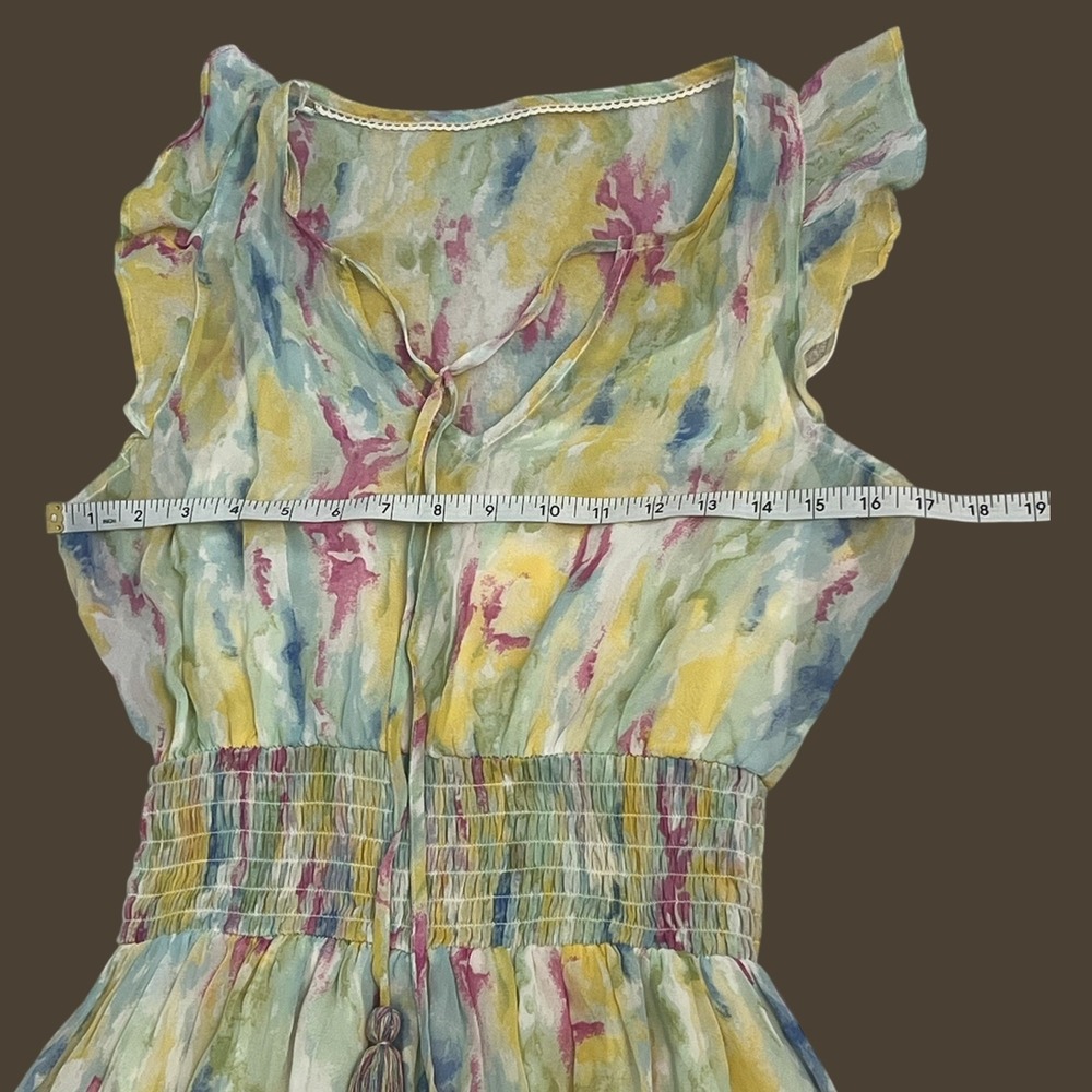 Anthropologie Watercolor Floral Maxi Dress Smocked Waist Flutter Sleeve Size 2 - Picture 6 of 14